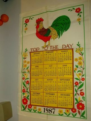 Vintage Calendar Tea Towel 1987 Rooster Country Green Gold