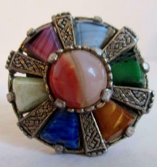Vintage " Miracle " Scottish Scarf Ring Clip Celtic Design Mixed Agate Stone