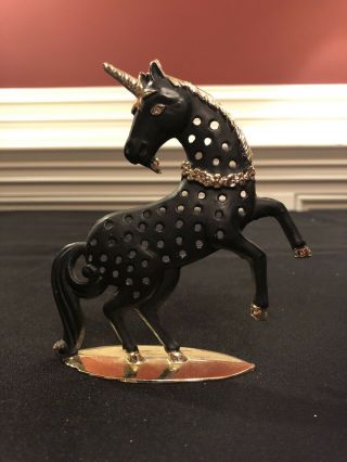 Vintage Torino Metal Pierced Earring Holder 5 " Unicorn - Black Enamel Gold Mane