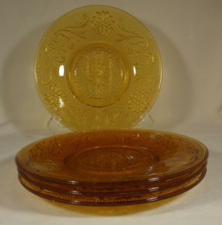 Vintage 4 Tiara Indiana Glass Saucers 6 " Amber Sandwich Pattern No Damage