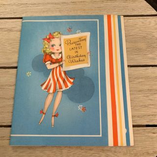 Vintage Greeting Card Birthday Wishes Pretty Woman Striped Skirt