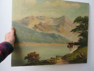 Vintage Old Painting Oil On Canvas Landscape Lake