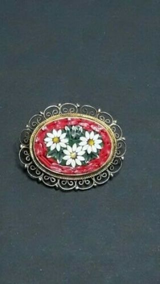 Vintage Micro Mosaic Oval Pin - Daisy Flowers - Red - Gold Tone Setting - Marked Italy