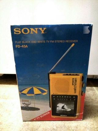 Vintage Sony Sports Watchman Flat B/w Tv - Fm Fd - 45a.