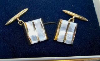Vintage Art Deco Jewellery Real Mother Of Pearl Gold Chain Link Shirt Cufflinks