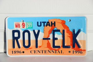 Utah License Plate Roy - Elk Greatest Snow On Earth Centennial Plate 1896 1996