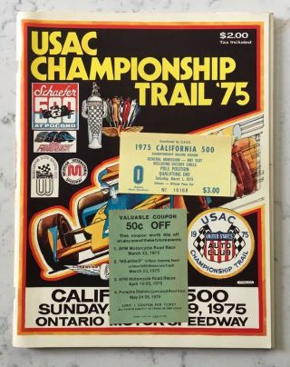 Vintage California 500 Ontario Motor Speedway 1975 Auto Racing Program Tickets