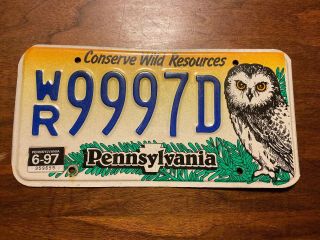 Pennsylvania Conserve Wild Resources Pa Owl License Plate Wr 9997d