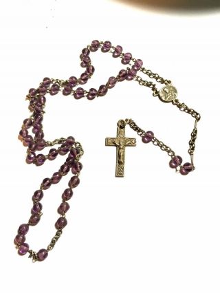 Vintage Purple Glass Rosary Prayer Beads Antique Ricordo Di Roma Shamrocks