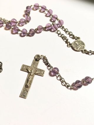 Vintage Purple Glass Rosary Prayer Beads Antique Ricordo Di Roma Shamrocks 2