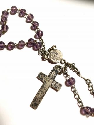 Vintage Purple Glass Rosary Prayer Beads Antique Ricordo Di Roma Shamrocks 3