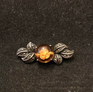 Vintage Reverse " Carved Amber " Rose Flower Brooch Pendant Sterling Silver