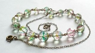 Czech Vintage Art Deco Iris Rainbow Faceted Glass Bead Necklace On A Wire