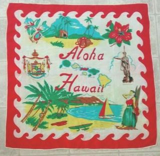Vintage Aloha Hawaii State Islands Hula Girl Kamehameha Souvenir Scarf