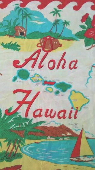 VINTAGE ALOHA HAWAII STATE ISLANDS HULA GIRL KAMEHAMEHA SOUVENIR SCARF 2