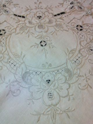 Stunning Vintage Cotton Openwork Hand Embroidered Tablecloth