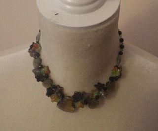 Vtg Boho Gypsy Art Glass Bead Necklace Black Purple Orange Flower 7.  5 " Long