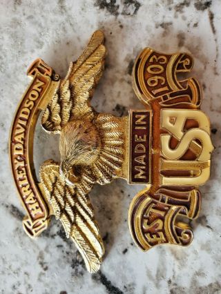 Vintage Harley Davidson Sissy Bar Brass & Enamel Emblem Usa Eagle - Ready To Use