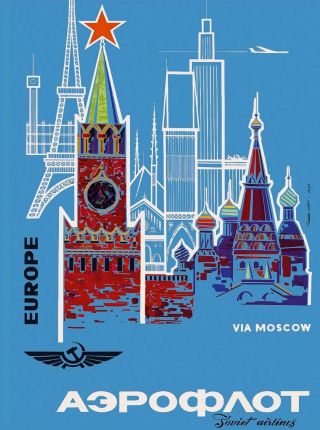 Soviet Union Airlines Russia Russian Moscow Vintage Travel Advertisement Poster