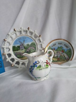 Vintage Cape Cod Massachusetts 2 Small Souvenir Ceramic Plates & Jug