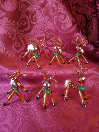 6 Vintage Handmade Beaded Reindeer Christmas Ornaments