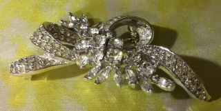 Vintage Signed Panetta Unique Clear Rhinestone & Silver Tone Bow Brooch Pin