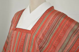 Vintage Silk Kimono Jacket:lovely Red/khaki Floral Stripe@kd66