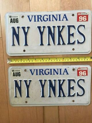 1996 Virginia License Plate Ny Ynkes York Yankees Pair