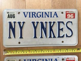 1996 VIRGINIA license plate NY YNKES York Yankees PAIR 2