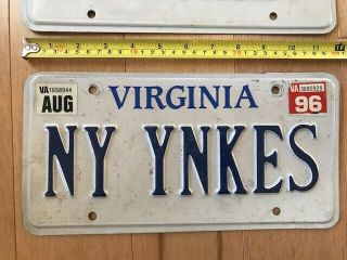 1996 VIRGINIA license plate NY YNKES York Yankees PAIR 3