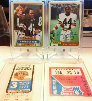 Archie & Ray Griffin Autographed Signed Cards,  2 Vintage Ticket Stubs - Bengals