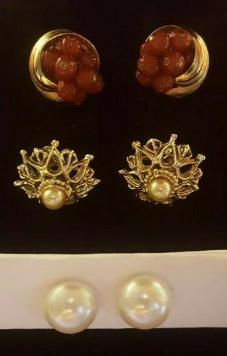 Vintage Jewelry 3 Pairs Earrings,  1 Marked Marvella.  2 Unbranded.  125