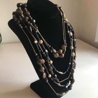 3 Vintage Beaded Strand Necklaces Black Layered Gold Long Jewelry Chunky Wood D1