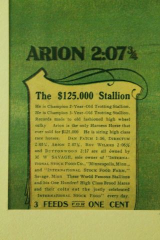 Arion The Harness Horse $125,  000 Stallion INTERNATIONAL STOCK FOOD Co MINN Ad 2