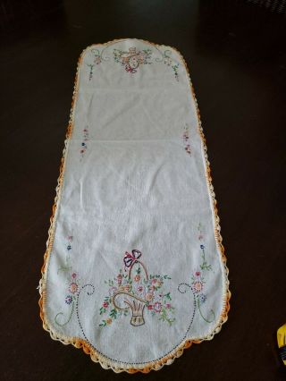 Vintage Hand Embroidered Floral Basket Table Runner Dresser Scarf Crocheted Edge