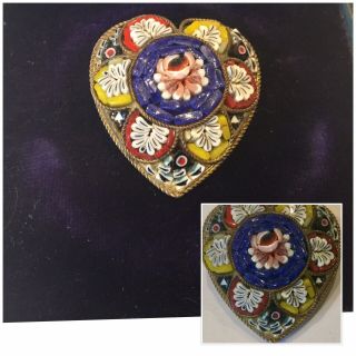 Vintage Art Deco Italian Jewellery Micro Mosaic Heart Floral Brooch Pin