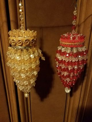 2 Vintage Handmade Beaded Christmas Ornaments Red And Gold