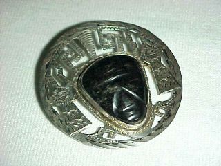 Vtg.  Art Deco,  Mexican Sterling Silver Brooch W Carved Black Obsidian Mask