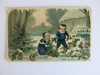 Vintage Christmas Postcard Children In Victorian Attire Gathering Holly