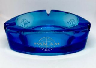 Pan Am Cigarette Ashtray Blue Glass Pan American Airlines Vtg 1960s