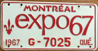 ☆ Authentic Canada 1967 Quebec Montreal Expo67 Government License Plate.