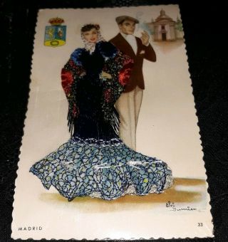 Vintage Madrid Spain Embroidered Postcard Still Wrapped