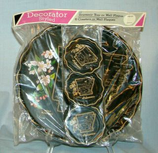 Vintage Sate Of Arkansas Souvenir Decorator Metal Tray & 6 Coasters In Bag