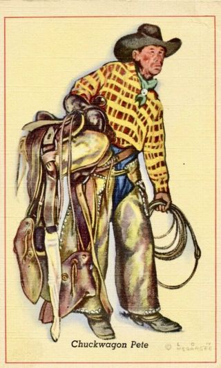 Vintage Linen Postcard Old West Western Cowboy Chuckwagon Pete Lon Megargee