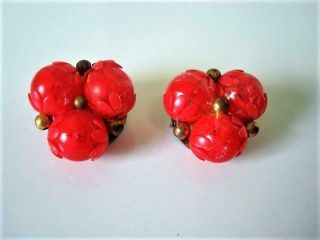 Vintage Clip On Earrings With Pinkish Red Plastic Crackle Beads