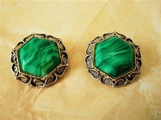 Vintage Gold Tone With Black Clip Earrings With Marbled Green Plastic Hexagons
