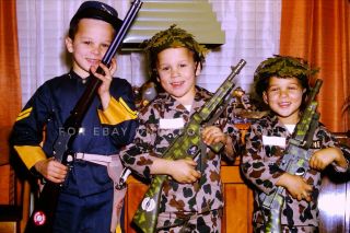 Vintage Old 1964 Photo Slide Little Boys In Camo Mattel Winchester Gorilla Guns