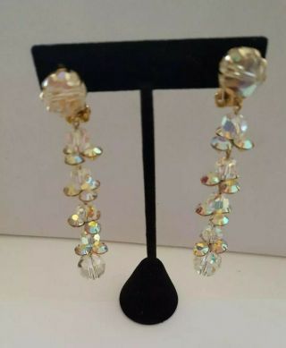 Vintage Aurora Borealis Dangle Clip - On Earrings,  Gold Tone