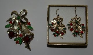 Vintage Christmas Bells With Bows And Rhinestones Brooch Pin & Earrings Set