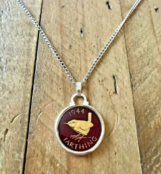 1944 Vintage Enamelled Farthing Coin Pendant & Necklace.  Christmas Gift For Wife